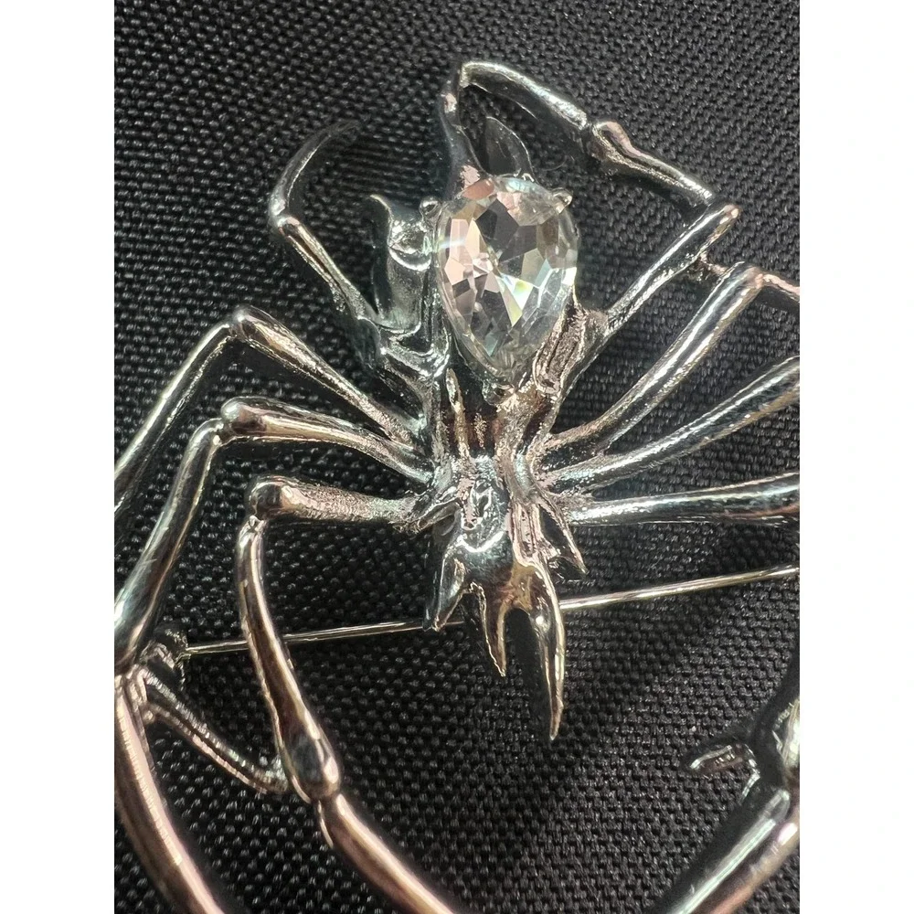 Large Silver‎ Tone Spider Brooch Clear Rhinestone Statement Halloween Gothic